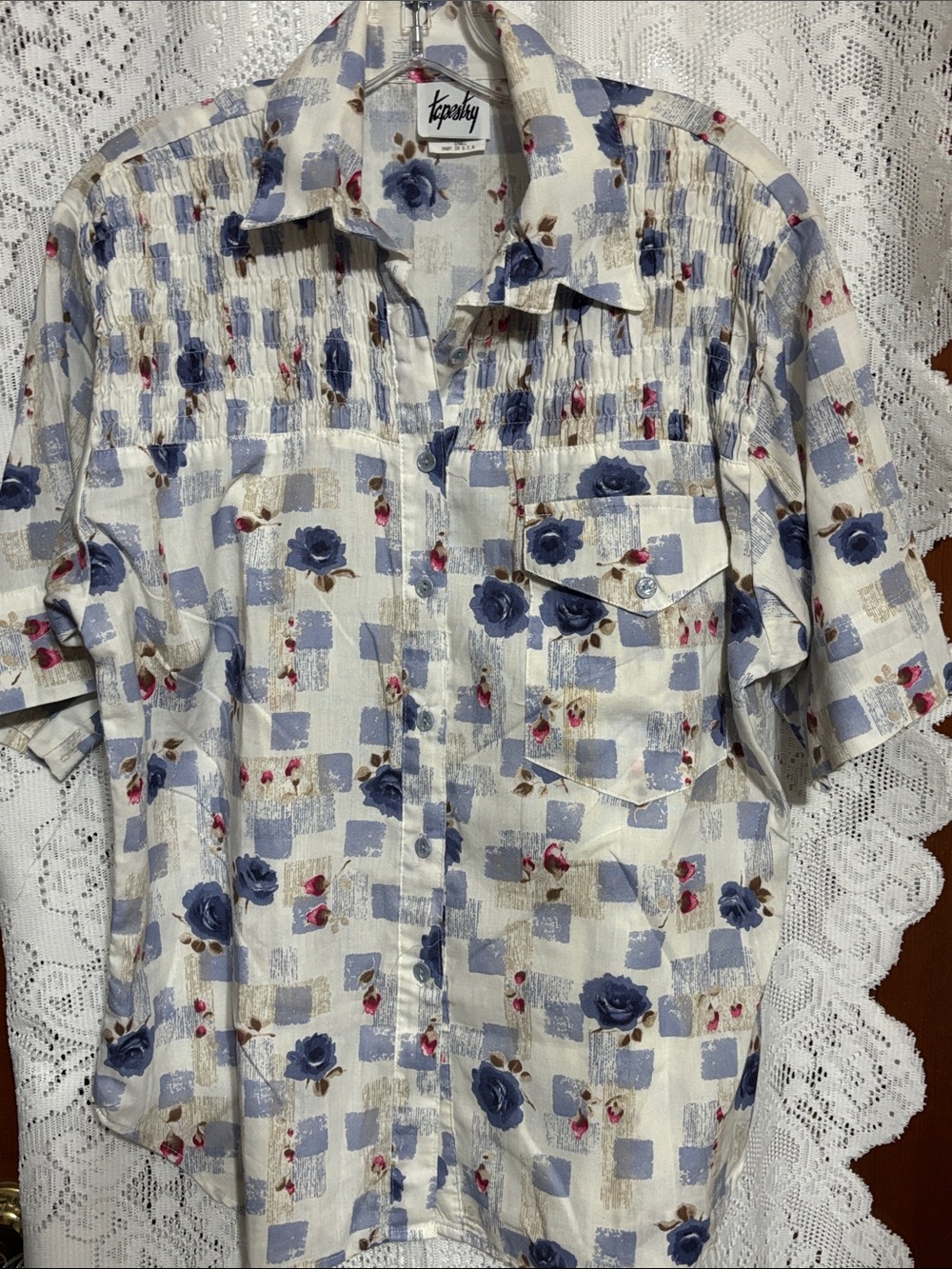 Tapestry Cream Blue Floral Button-Down Shirt with Ruched yoke and single pocket
